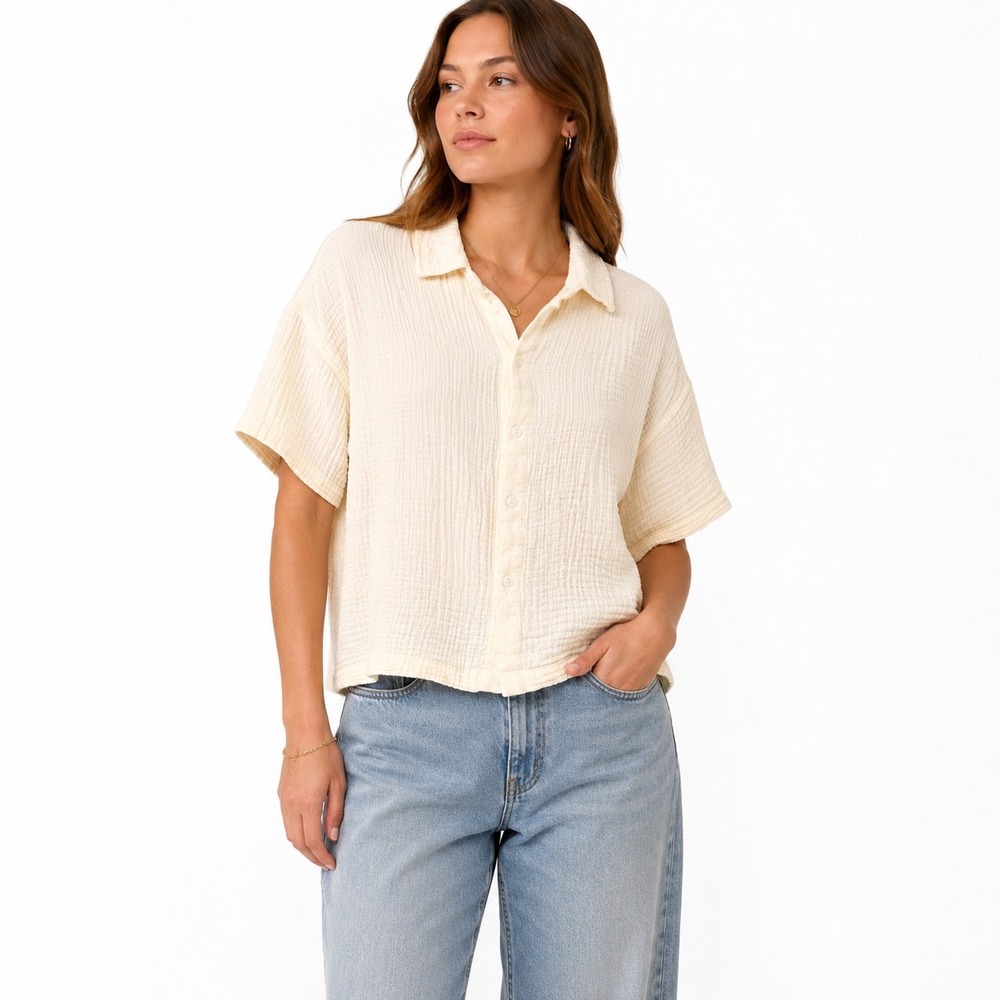 PacSun Cream 100% Cotton Double Gauze Boxy Button Down Shirt Medium Boho